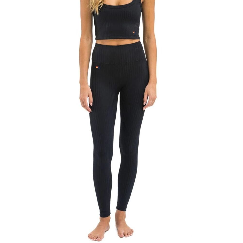 Aviator Nation Wide Rib Full Length High Rise Leggings Black L NWT